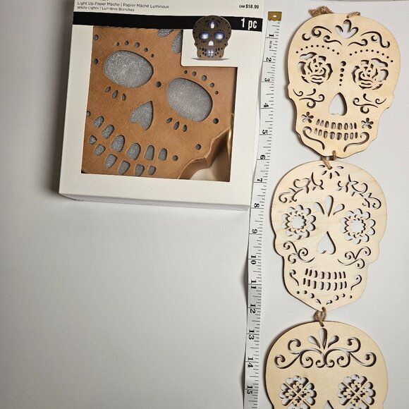 Light up wood Skull, Paper Mache skull and 3 hanging wooden Sugar Skulls DIY - Picture 5 of 6